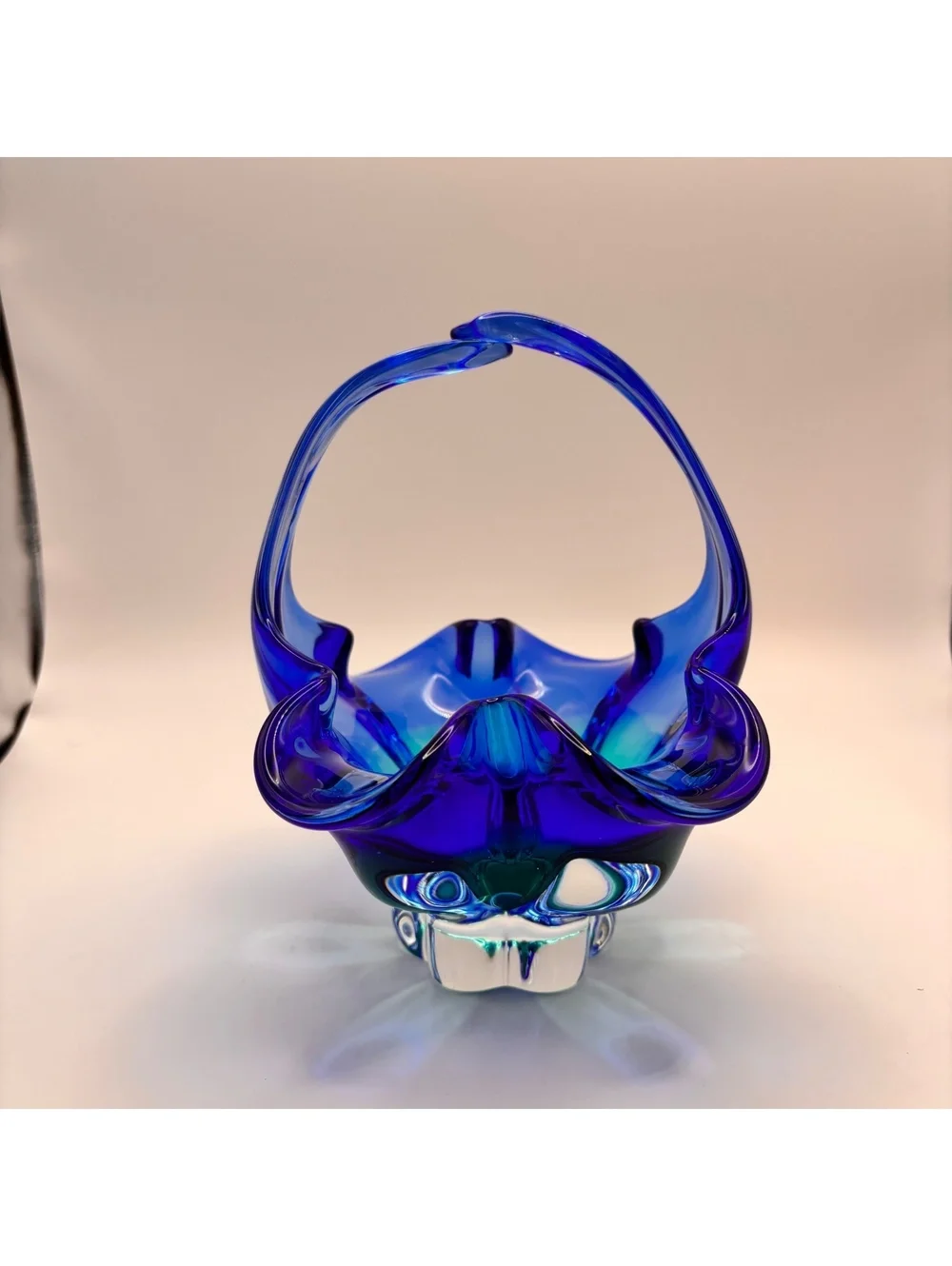 Vintage Cobalt Blue Hand-Blown Art Glass Basket Ruffled Rim Murano Style